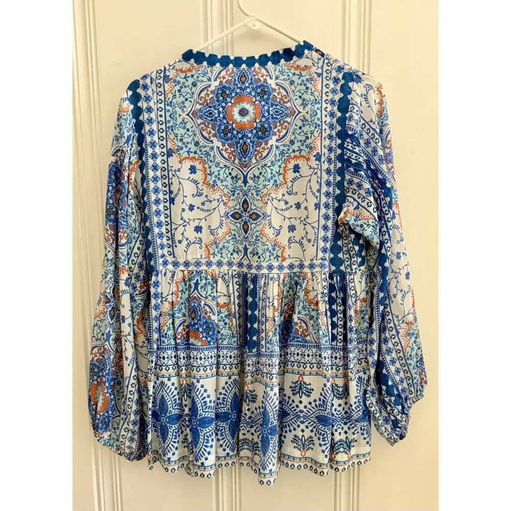 Kyla Seo Small S Blue Orange Floaty Boho Chic Artisan Rayon Bell Tassels Hippie - Picture 2 of 10